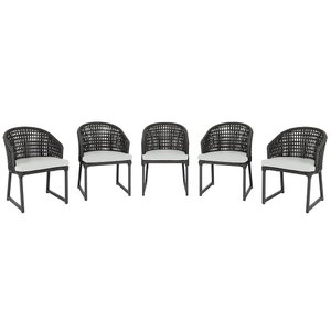 5 Cadeira Noronha Aluminio Micro Pintura Preta, Tr. Telinha Corda Nautica Preta, Estofado - Cinza