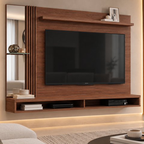 Painel para TV 55 Polegadas com Espelho e Acabamento Ripado 160 cm - Nature