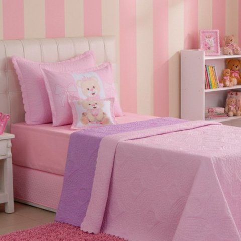 Kit Cobre Leito Solteiro Colcha Stitch e Angel Infantil 4 Peças:princesa Ursa Rosa