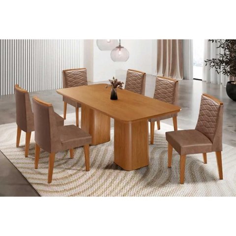 Conjunto: Mesa Sala Jantar Maldivas C/ Tampo Madeirado Canto Curvo 180x90cm e 6 Cadeiras Maldivas