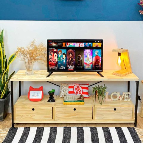 Rack de TV Industrial de Ferro e Madeira Style Square 3 Nichos Uno com Gaveta Natural e Preto