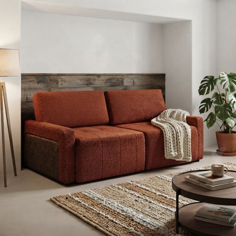 Sofá Cama Dublin,2,10m Retrátil e Reclinável, Tecido Bouclé, Terracota Molas Ensacadas.