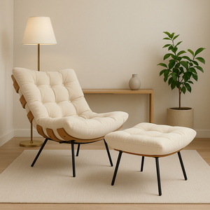 Poltrona Costela Icônica com Puff Design Moderno Atemporal:bege