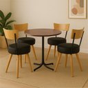 Ver imagem 1 de Conjunto Mesa de Jantar Redonda Preta Tampo Imbuia com 4 Cadeiras Estofada Preta Encosto Madeira Urb