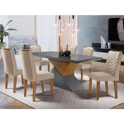 Mesa Aster 180 Tampo em MDF e Vidro com 6 Cadeiras Liz Moderna - 1