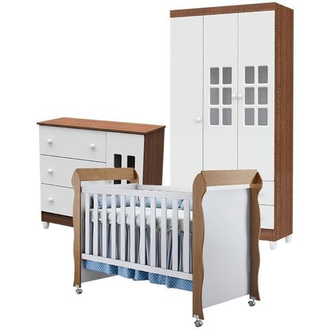 Quarto de Bebê Mariah 3p com Berço Mirelle Branco Acetinado Amadeirado - Carolina