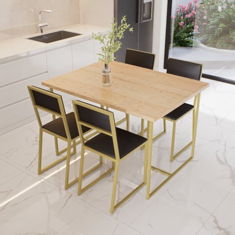Conjunto Mesa de Jantar Retangular Pinus 4 Cadeiras Estofado Riviera Industrial Dourado Don Castro D