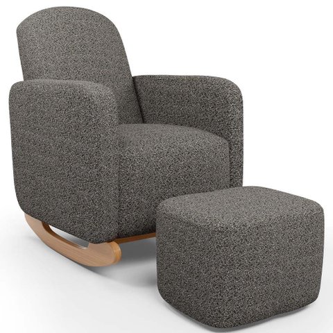 Poltrona de Amamentação com Balanço e Puff Orgânico Saori W01 Linho Mescla Chumbo - Lyam Decor