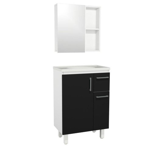 Conjunto Gabinete de Banheiro Gouda 1 Porta 2 Gavetas MDF - MDP 15mm 60cm Preto Venturi