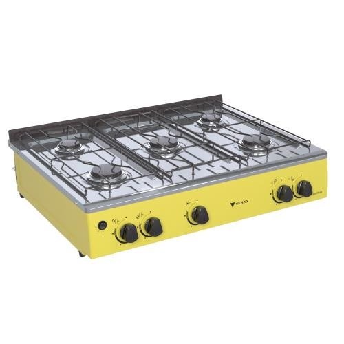 FOGAO DE MESA 5 BOCAS VENAX GRAND PETIT VETRO AMARELO GAS GLP