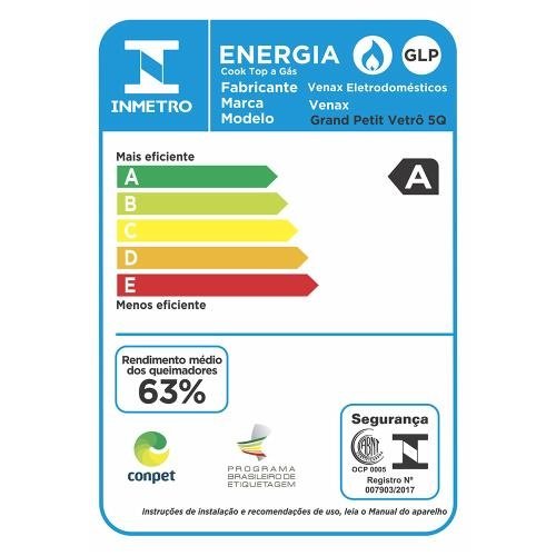 FOGAO DE MESA 5 BOCAS VENAX GRAND PETIT VETRO AMARELO GAS GLP - 3