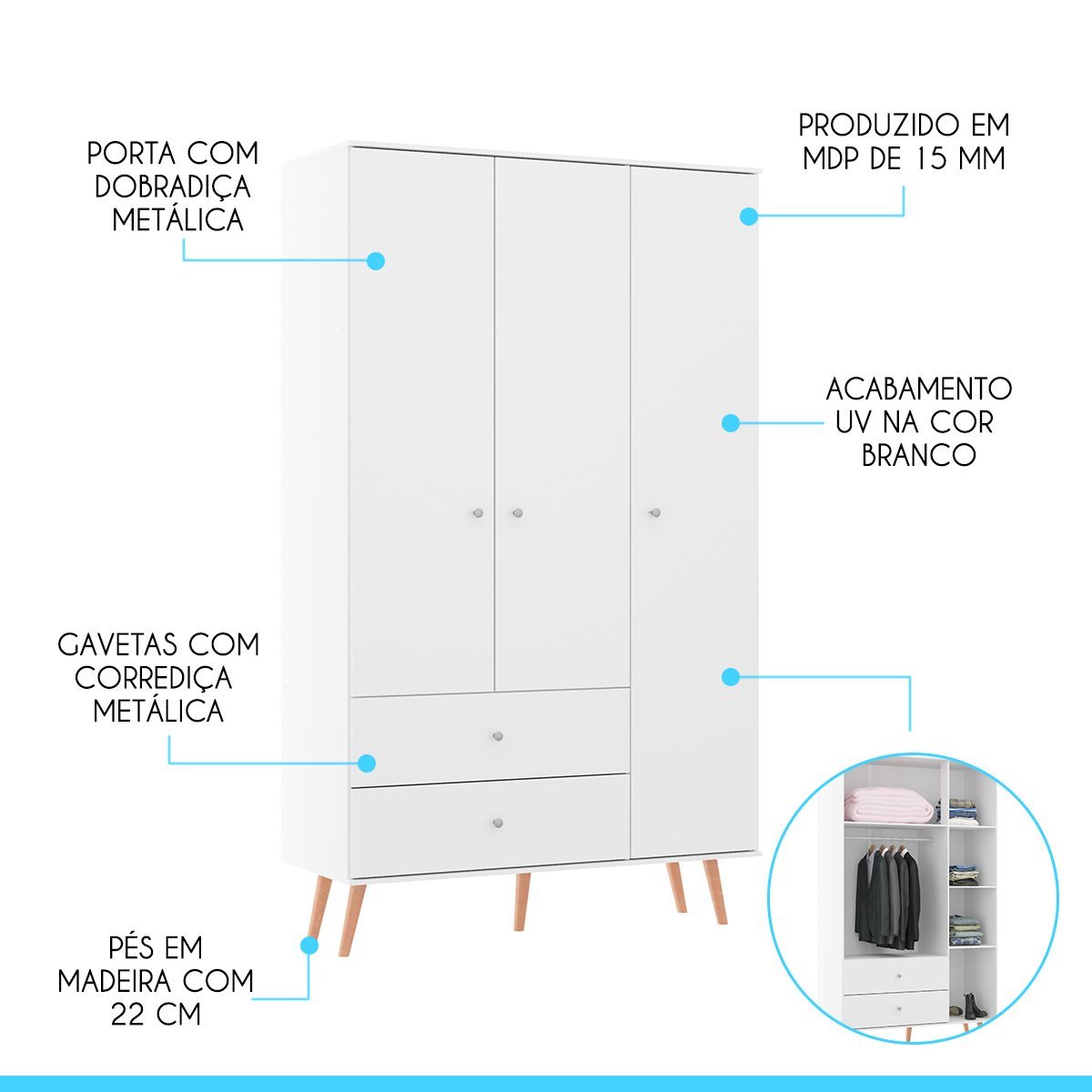 Armário para Quarto Solteiro Retrô 120 x 206 Cm 3 Pts 2 Gvts MDP Branco 9023 MENU - 3