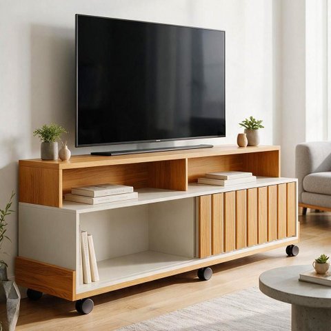 Rack para Sala de Estar TV 60 pol com Rodízios 160cm Mercy B01 Cinamomo Off White - Lyam Decor