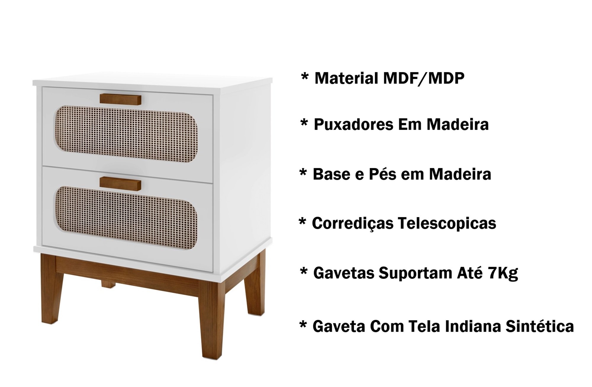 Mesa de Cabeceira Santorini 45cm Branco com Gaveta Tela Indiana e Pés de Madeira - 4