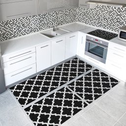 Kit Tapete Cozinha 3 Peças Jacquard Látex Antiderrapante Passadeira Entrada Arabesco Preto - 1