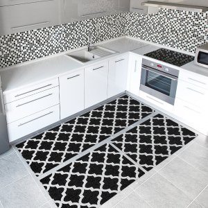 Kit Tapete Cozinha 3 Peças Jacquard Látex Antiderrapante Passadeira Entrada Arabesco Preto
