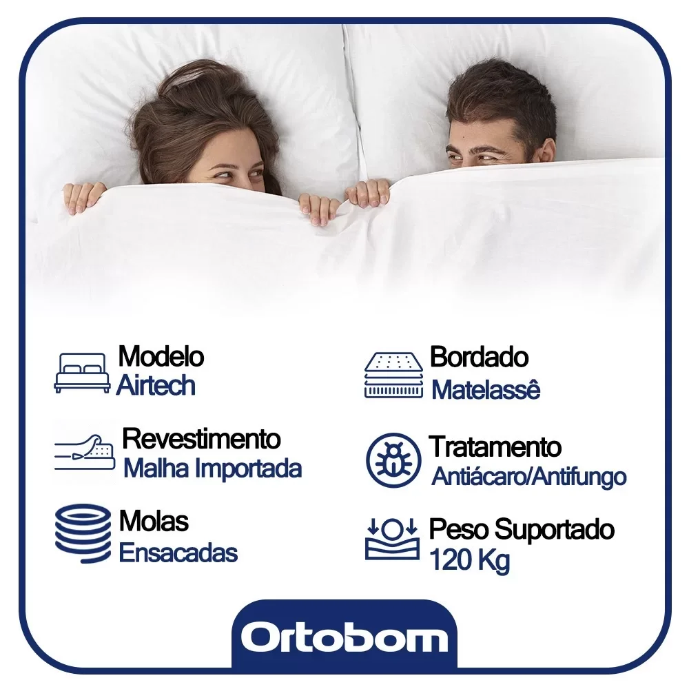 Ver imagem 4 de Cama Box King Bipartido Sintético + Colchão Ortobom Airtech Molas Ensacadas 193x203x65 Marrom