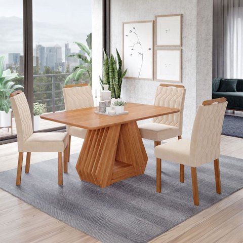 Sala de Jantar 4 Lugares 130 cm Vittória Cadeiras Madeira Maciça Cinamomo/Nude - Panorama Móveis