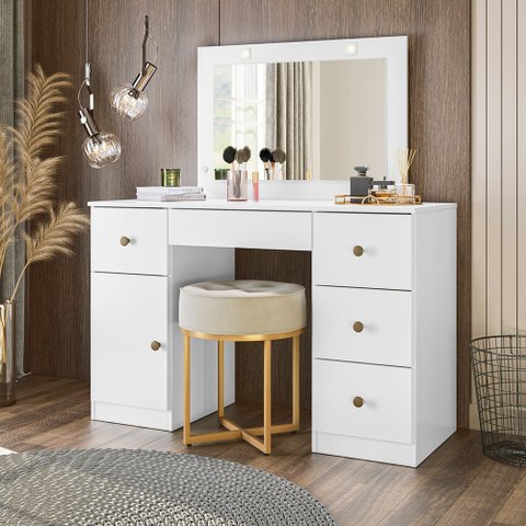 Cômoda Camarim Sonhos 121cm 5 Gavetas com Espelho e Luminárias de Led Branco Moval