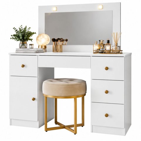 Cômoda Camarim Sonhos 121cm 5 Gavetas com Espelho e Luminárias de LED Branco Moval