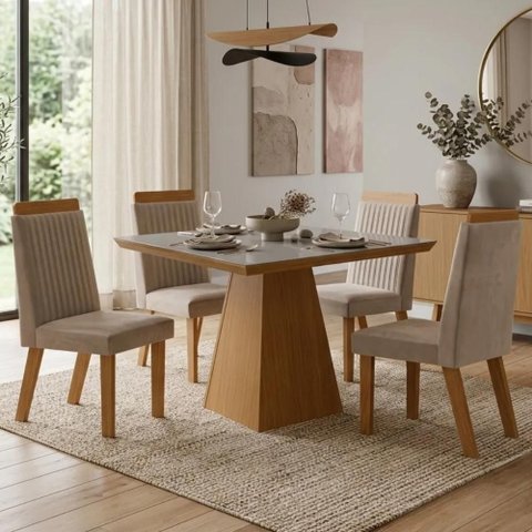 Conjunto Mesa Moderno Cadeiras Compacta Jantar Vidro Suede Capuccino Liso