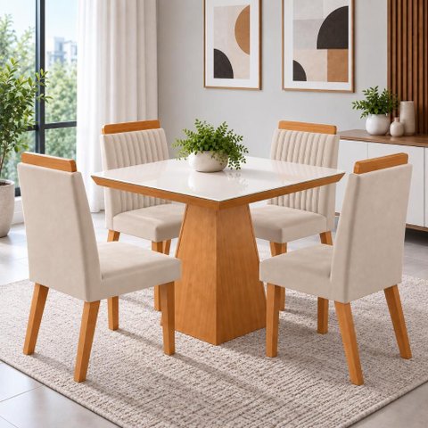Conjunto de Mesa de Jantar Prada com Tampo de Vidro e 4 Cadeiras Estofadas Creme