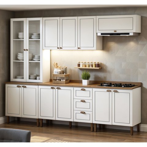 Cozinha Americana Modulada com Cristaleira e Tampo 7 Peças 280cm Friz Genialflex