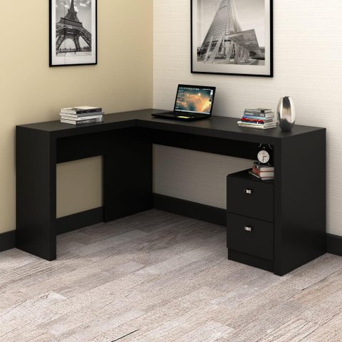Mesa de Escritório em L com 2 Gavetas - Preto