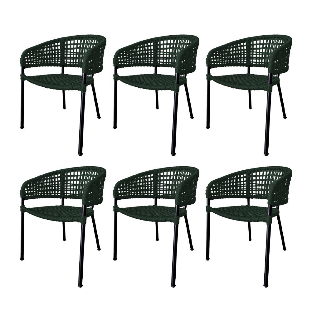 Kit 6 Cadeiras Sol Corda Náutica Base em Alumínio Preto/verde Musgo