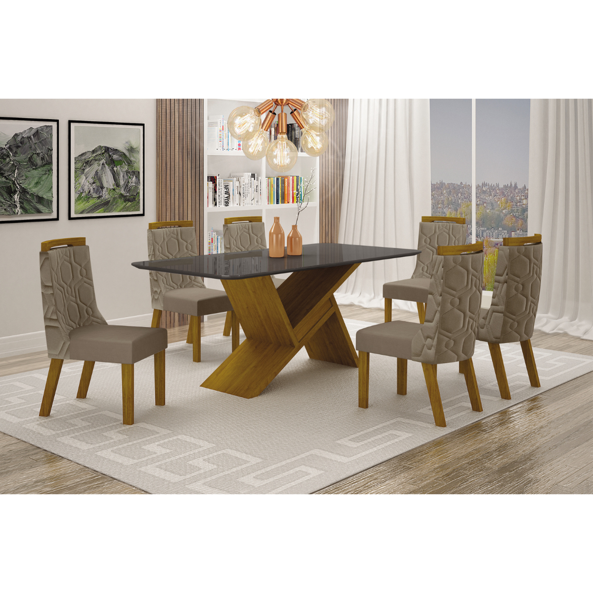 Conjunto Sala de Jantar Mesa 180x90cm Tampo MDF/Vidro com 6 Cadeiras Ágata Veludo Camurça - Leifer: 