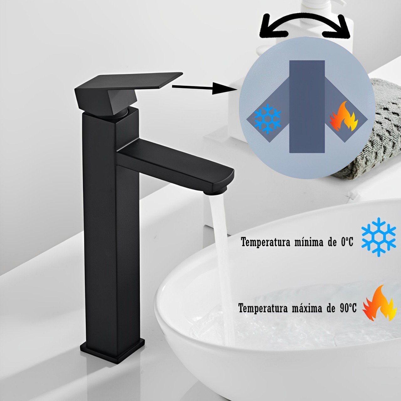 Torneira Monocomando Banheiro Inox Preta Bica Alta para Cuba de Apoio - 3