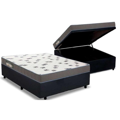 Cama Box Baú Casal: Colchão Espuma Ortobom D33 Light Saúde + Base CRC Suede Black(138x188)
