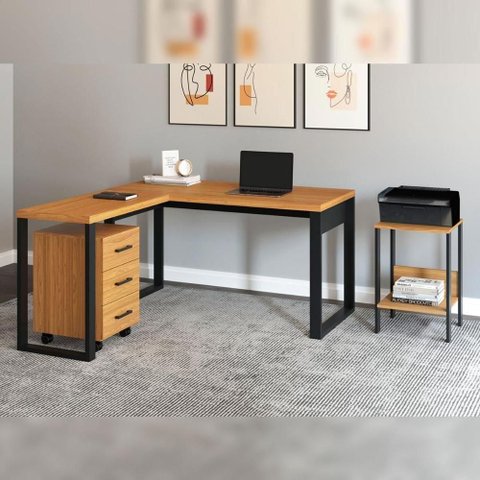 Kit Mesa de Trabalho com Gaveteiro e Mesa Auxiliar Kit Escritório 3 Gavetas 100% MDF Freijó