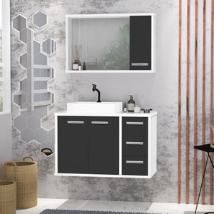 Gabinete para Banheiro com Cuba e Espelho Incluso Turin 80 - Branco / Preto