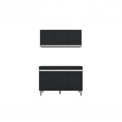 Balcão Gabinete Manu 120cm com Tampo e Armário Aéreo Andreia 120cm - Preto