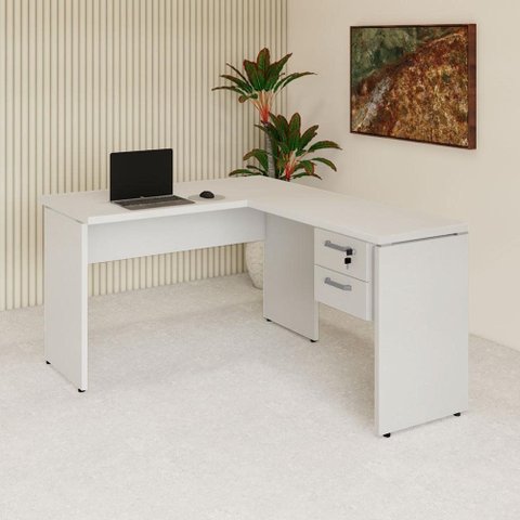 Mesa de Escritório em L 30mm com Gaveteiro Suspenso e Chave F5 Office