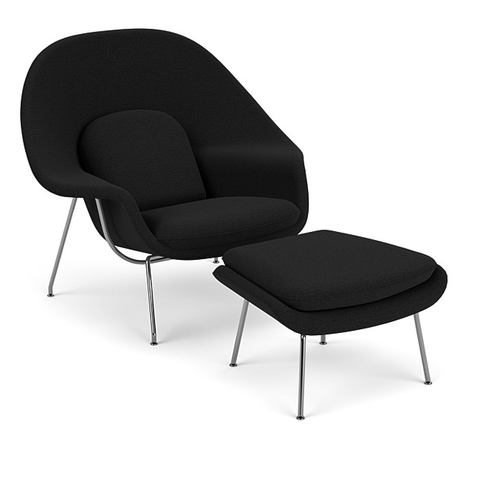 Poltrona Womb Chair com Puff em Bouclê Decorato Móveis Preto Aço Inox