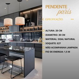 Kit 2 Luminária Pendente Sisal Decoração Rústica Redonda para Sala Cozinha Cor Palha Fio Preto - 2