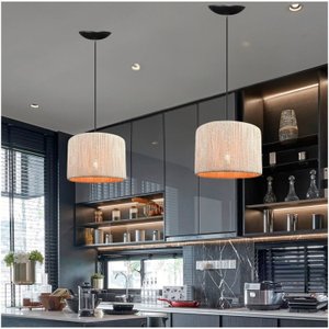 Kit 2 Luminária Pendente Sisal Decoração Rústica Redonda para Sala Cozinha Cor Palha Fio Preto