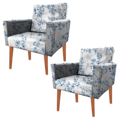 Kit 2 Poltrona Decorativa Nina e Puff Almofada Suede Folha Azul