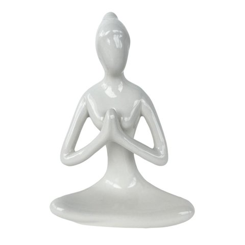 Decoração sala enfeite escultura mulher meditando branca.