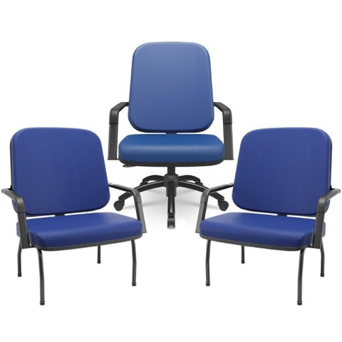 Kit Cadeira de Escritório Giratória e 2 Cadeiras Fixas Preta Magno P03 Vinil Azul - Lyam Decor