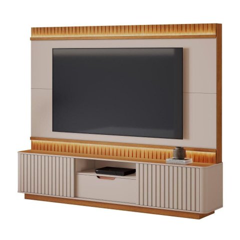 Home para TV até 85 Atena Ripado em MDF-MDP com Porta de Correr Off White e Cinamomo JCM Movelaria
