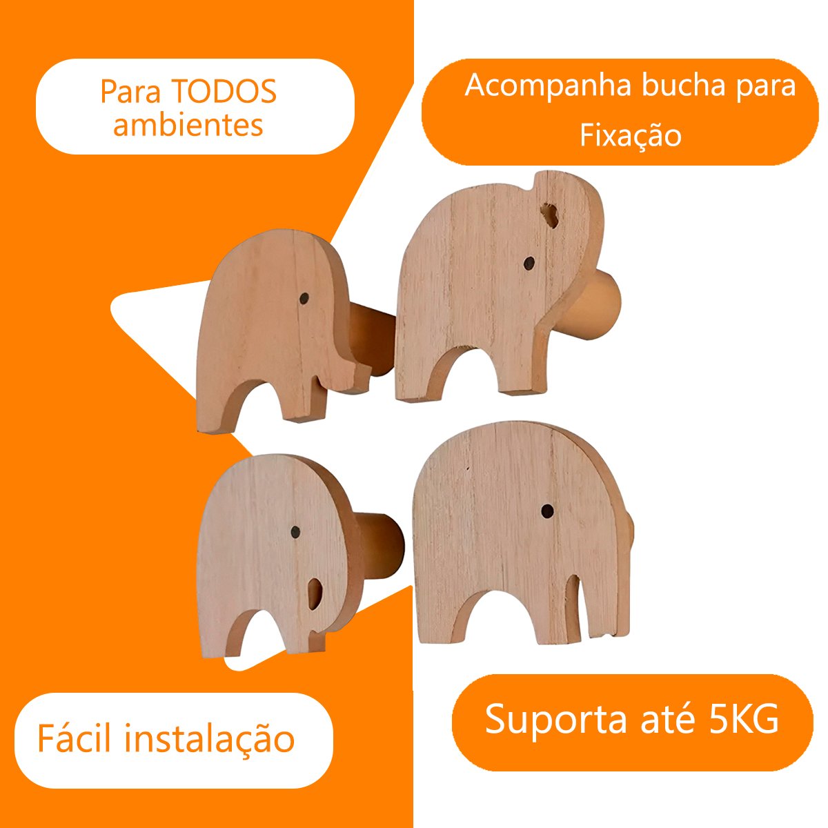 Kit de 3 Peças Gancho Parede Madeira Elefante - 4