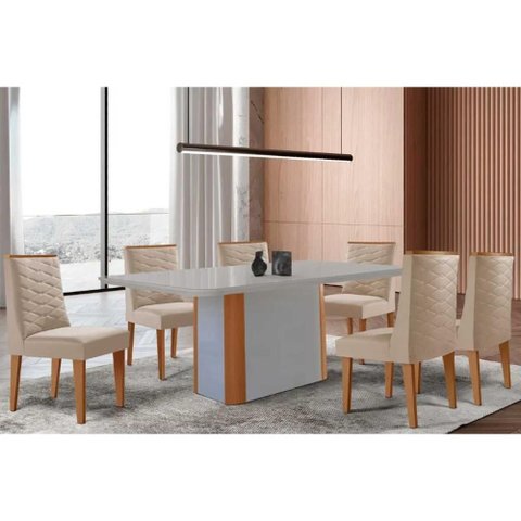 Conjunto: Mesa de Cozinha Pietã¡ Curvo 180cm + 6 Cadeiras Maldivas Madeira Naturale/Off White -