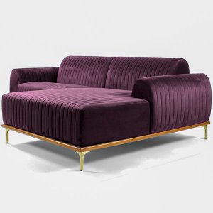 Sofá Molino 3 Lugares 230cm Chaise Esquerdo Pés Gold Veludo Roxo - Nexta Casa