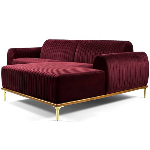 Sofá 4 Lugares 2,30M Chaise Esquerdo Molino Base Madeira Pés Gold Veludo Marsala
