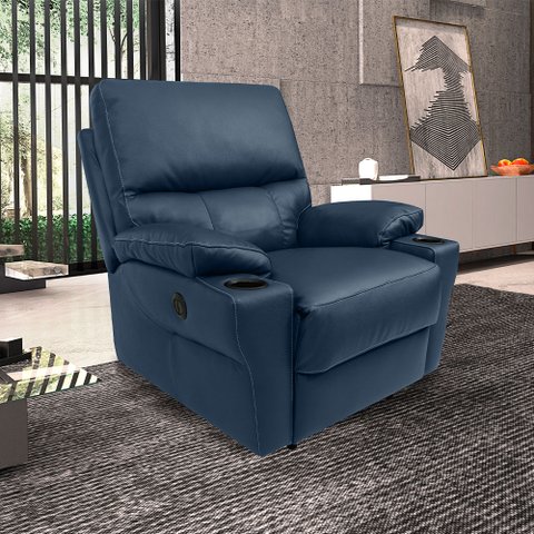 Poltrona do Papai Sala de Cinema Mia Reclinável Retrátil Power Elétrico Base Fixa Couro Azul Marinho