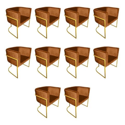 Kit 10 Cadeiras de Jantar Premium Base de Ferro Dourada Veludo Terracota Laranja