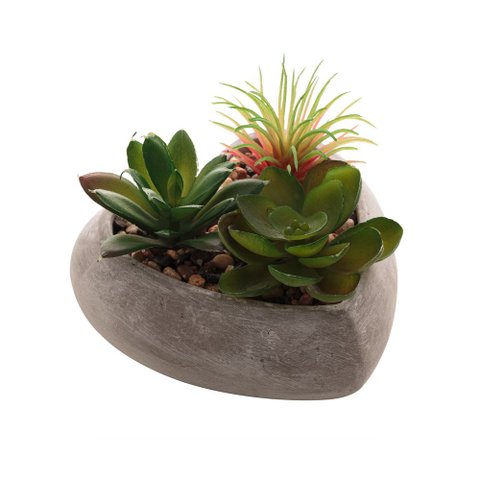 Vaso de Concreto Coração Cinza  com Suculenta Artificial 11 x 11 x 8,5 cm | Casa Del Grande